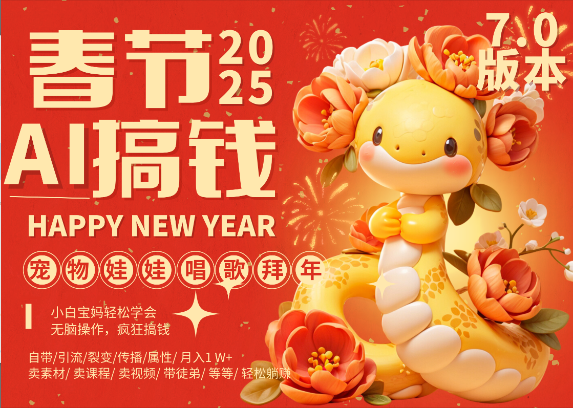 AI春节搞钱7.0升级版 蝴蝶号超火爆萌宠唱歌拜年  AI一键制作 批量出内容   春节做轻松躺赚 每日轻松十分钟  月赚米1W+  抓紧冲！可做视频 可卖素材只带小白和宝妈！大圣网创吧-网创项目资源站-副业项目-创业项目-搞钱项目网创吧
