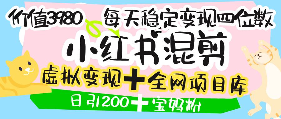 价值3980的小红书混剪， 虚拟变现 ＋全网项目库 ， 日引200+宝妈创业粉，每天稳定四位数变现大圣网创吧-网创项目资源站-副业项目-创业项目-搞钱项目网创吧
