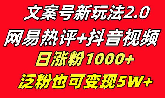 文案号新玩法 网易热评+抖音文案 一天涨粉1000+ 多种变现模式 泛粉也可变现大圣网创吧-网创项目资源站-副业项目-创业项目-搞钱项目网创吧