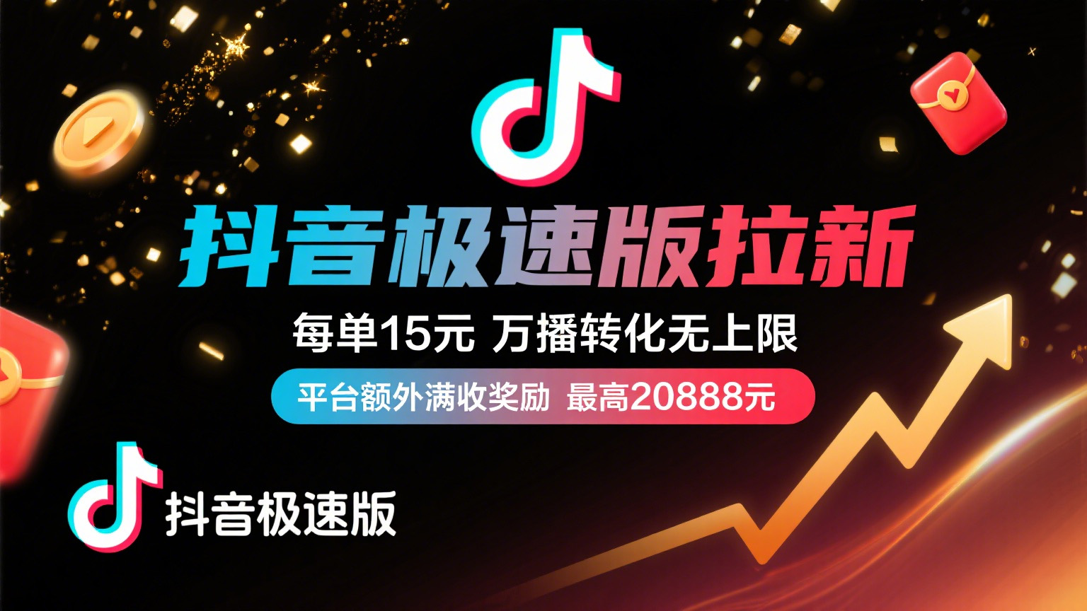 抖音极速版放福利，每单15元，万播转化无上限，平台额外满收奖励，最高可领20888元大圣网创吧-网创项目资源站-副业项目-创业项目-搞钱项目网创吧
