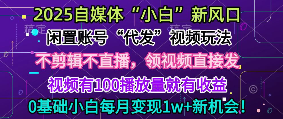 2025每月躺赚5w+新机会，闲置视频账号一键代发玩法，0粉不实名不剪辑，领了视频直接发，0基础小白也能日入300+大圣网创吧-网创项目资源站-副业项目-创业项目-搞钱项目网创吧