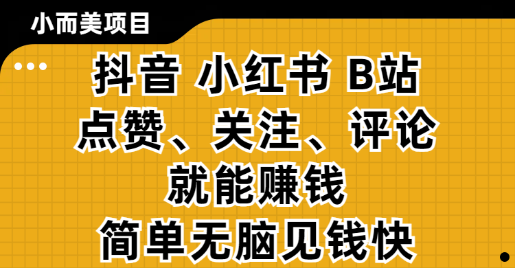 小而美的项目，抖音、小红书、B站视频点赞、关注、评论就能赚钱，简单无脑立见收益！妥妥的零撸项目大圣网创吧-网创项目资源站-副业项目-创业项目-搞钱项目网创吧