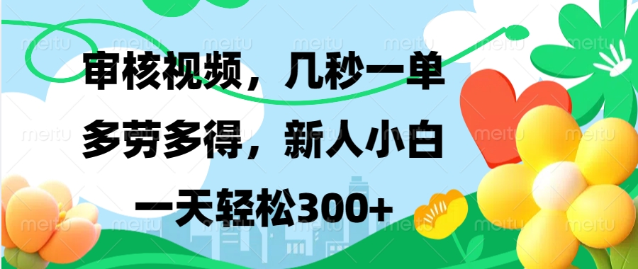 审核视频，几秒一单，多劳多得，新人小白一天轻松300+大圣网创吧-网创项目资源站-副业项目-创业项目-搞钱项目网创吧