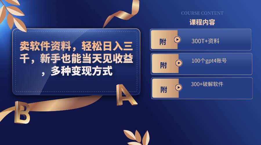 卖软件资料，轻松日入三千，新手也能当天见收益，多种变现方式，（附300T+资料，100个gpt4账号，300+破解软件）大圣网创吧-网创项目资源站-副业项目-创业项目-搞钱项目网创吧