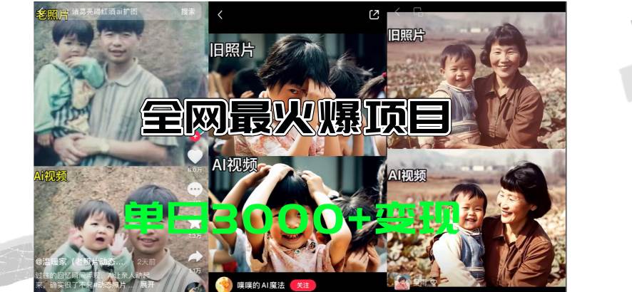 全网爆火的AI让老照片动起来教程，蹭热点日赚3000+，内含免费工具一键…大圣网创吧-网创项目资源站-副业项目-创业项目-搞钱项目网创吧