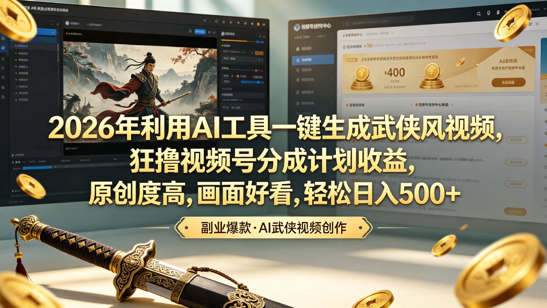 2026年利用AI工具一键生成武侠风视频,狂撸视频号分成计划收益,原创度高,画面好看,轻松日入500+大圣网创吧-网创项目资源站-副业项目-创业项目-搞钱项目网创吧